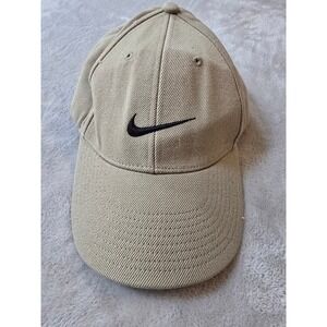 Vintage Nike Swoosh Dad Hat OSFA Tan Khaki Strapback Baseball Cap Y2K *Read